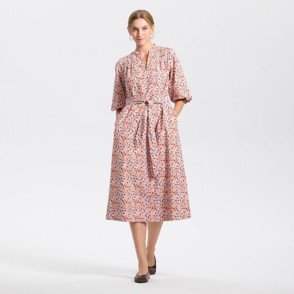 Women's Puff Elbow Sleeve Midi Shirtdress - Blue/Orange Floral XXL